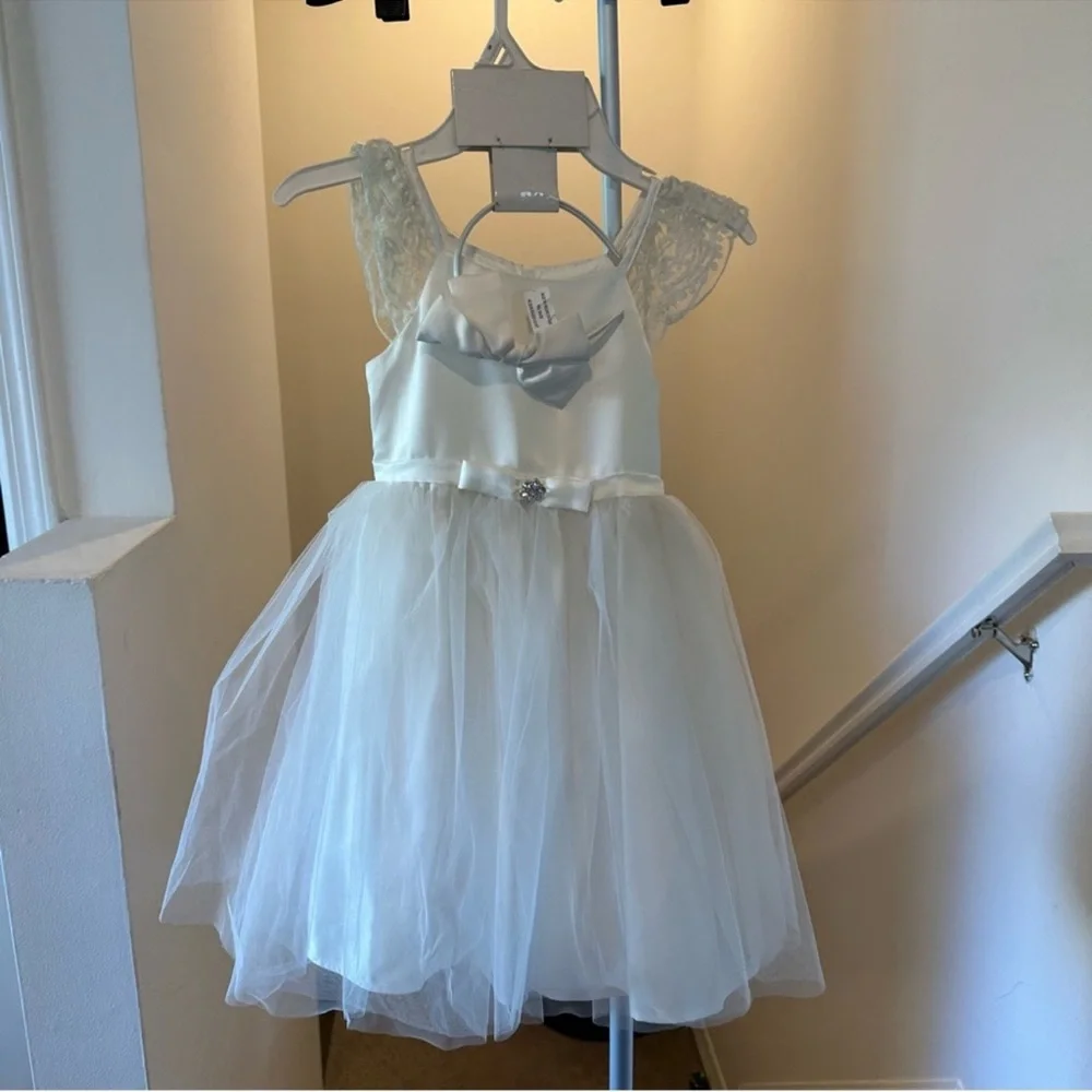 Biscotti Flower Girl White Dress with Lace Shoulders & Matching Bow Headband
